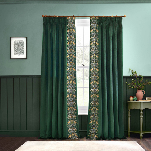 Strawberry Thief Embroidery Pencil Pleat, Forest Green - Ready Made Curtains - Image 3